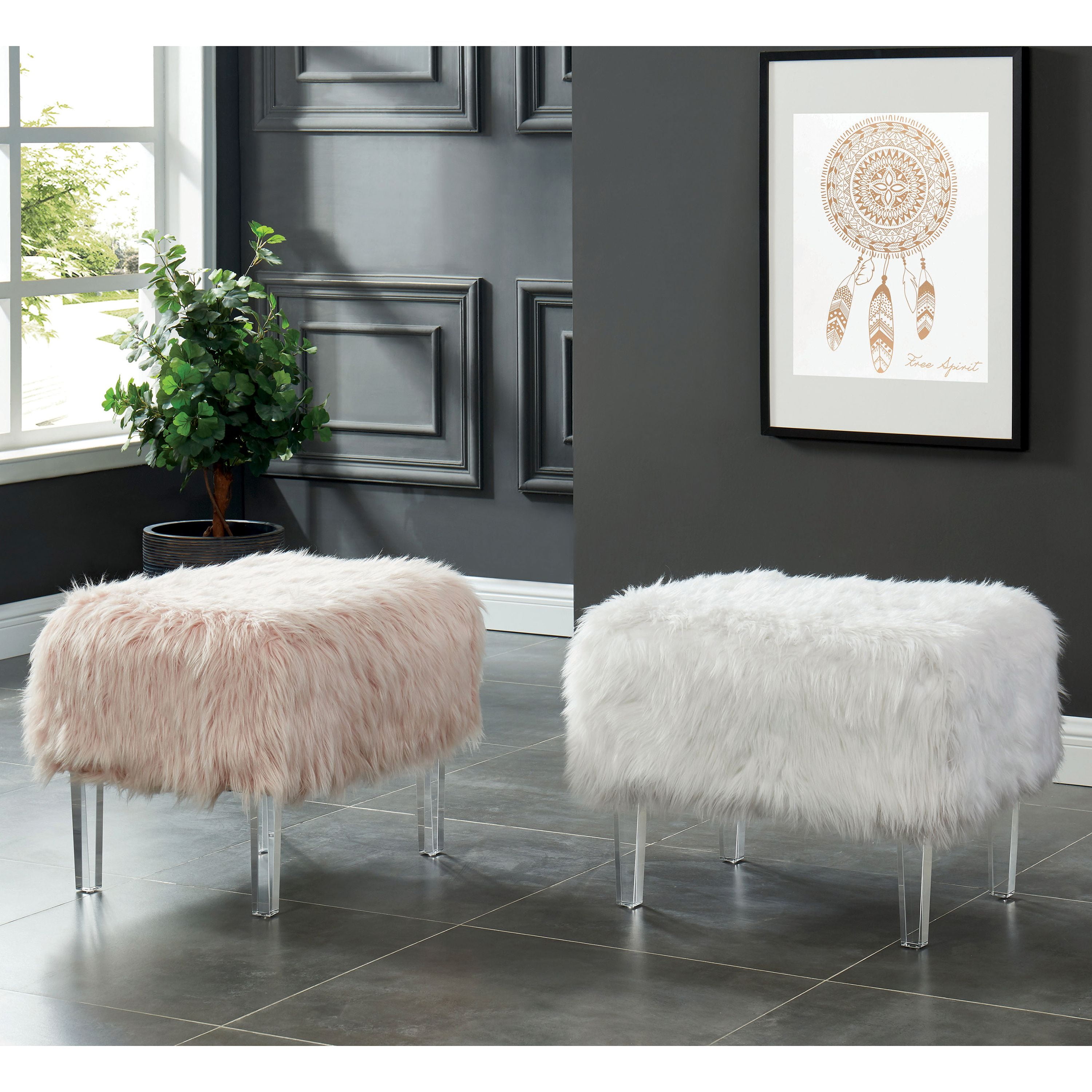 Raven I Contemporary Faux Fur Acrylic Ottoman, White