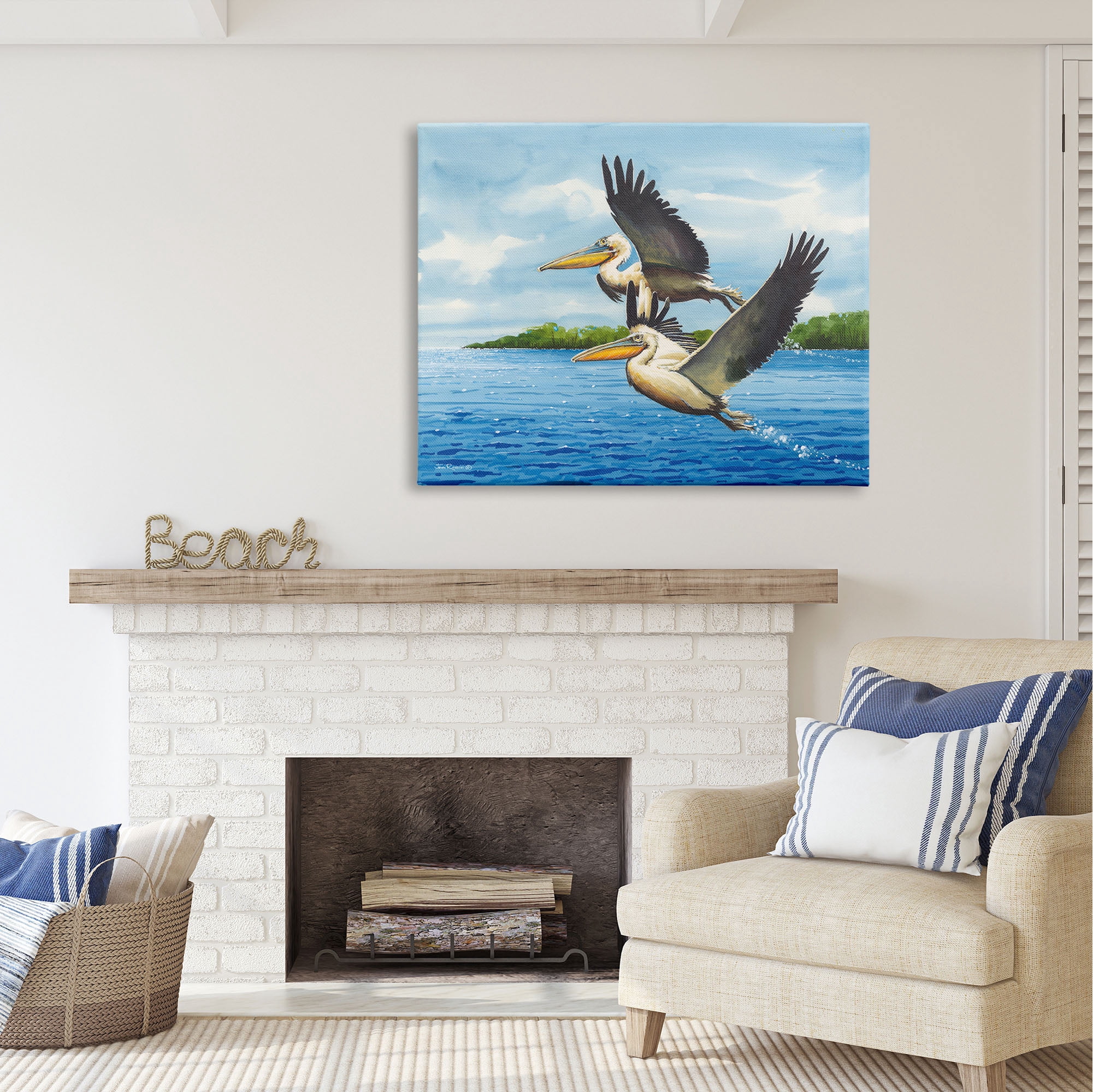 Stupell Industries Splashing Pelicans Flying Animals & Insects Painting Gallery Wrapped Canvas Print Wall Art, 48 x 36