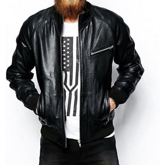 Men Slim Fit Biker Bomber Lambskin Leather Black Jacket Coat Outwear Jackets A326