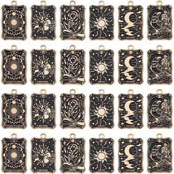24Pcs 6 Styles Tarot Charms Bulk Enamel Tarot Card Charms Alloy Tarot Pendant Gothic Moon Star Rectangle Charm Black Amulet Charm Vintage Magic Pendant for DIY Jewelry Making