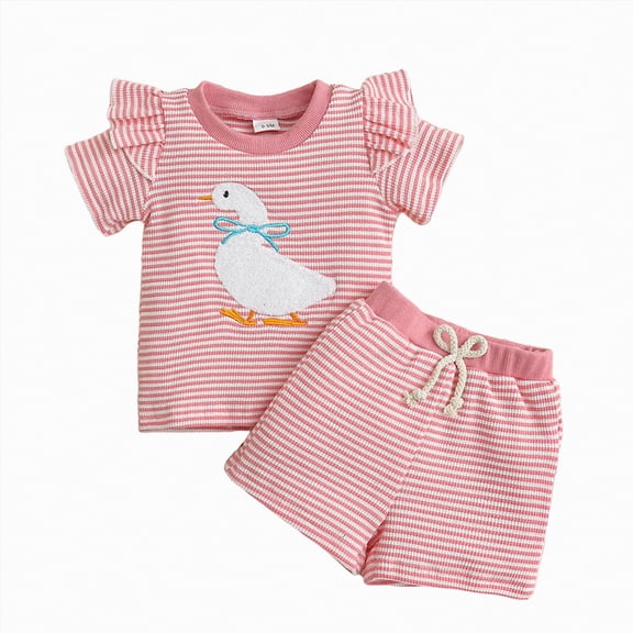 Sgkm Girls Spring Outfits Cute Cartoon Goose Embroidery Printed Short Sleeve Round Neck Top Shorts Set for Outdoor Activities