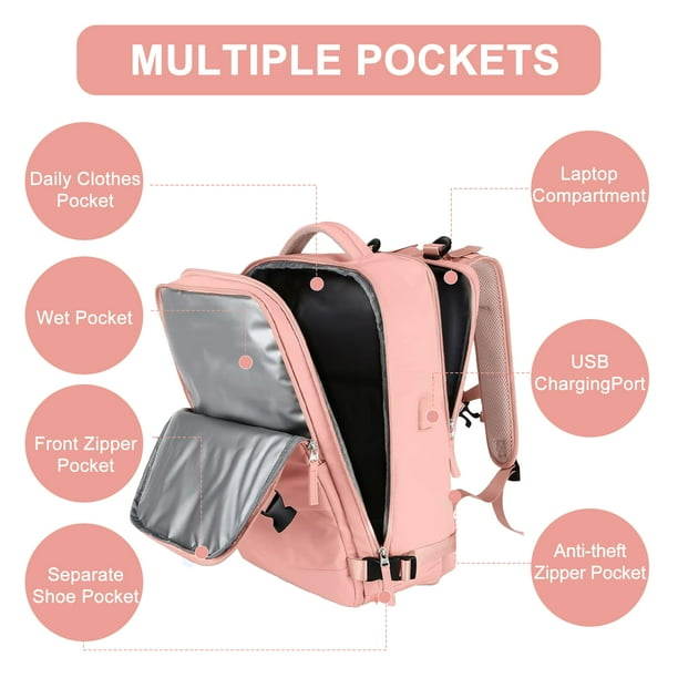 DAKIMOE Travel Backpack for Women Men Laptop Bag Airline Approved Carry On Backpacks Waterproof Anti Theft Gym Bags Hiking Flight Approved Luggage Casual Daypack Large Pink Walmart Business Supplies