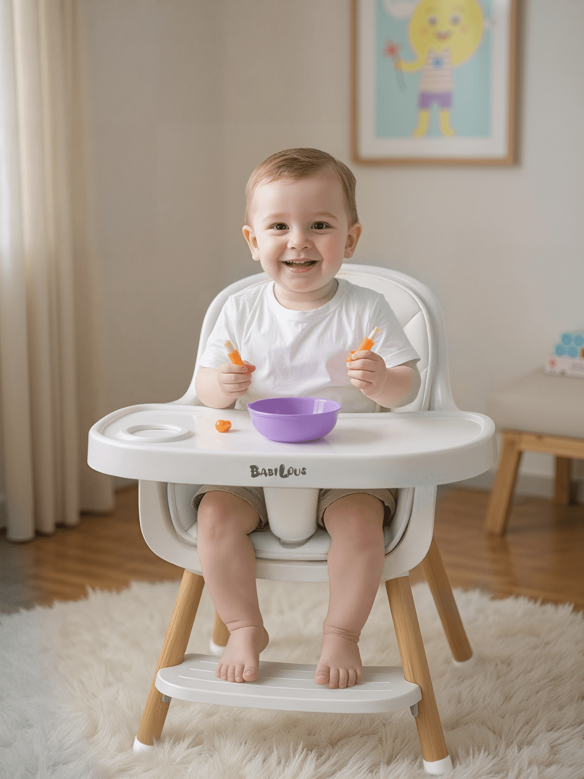 Babilous Baby High Chair, Wooden Highchair with Removable Tray, Adjustable Legs, Cushion, 5-Point Harness and Footrest for Infants, Baby, Toddlers, Gray