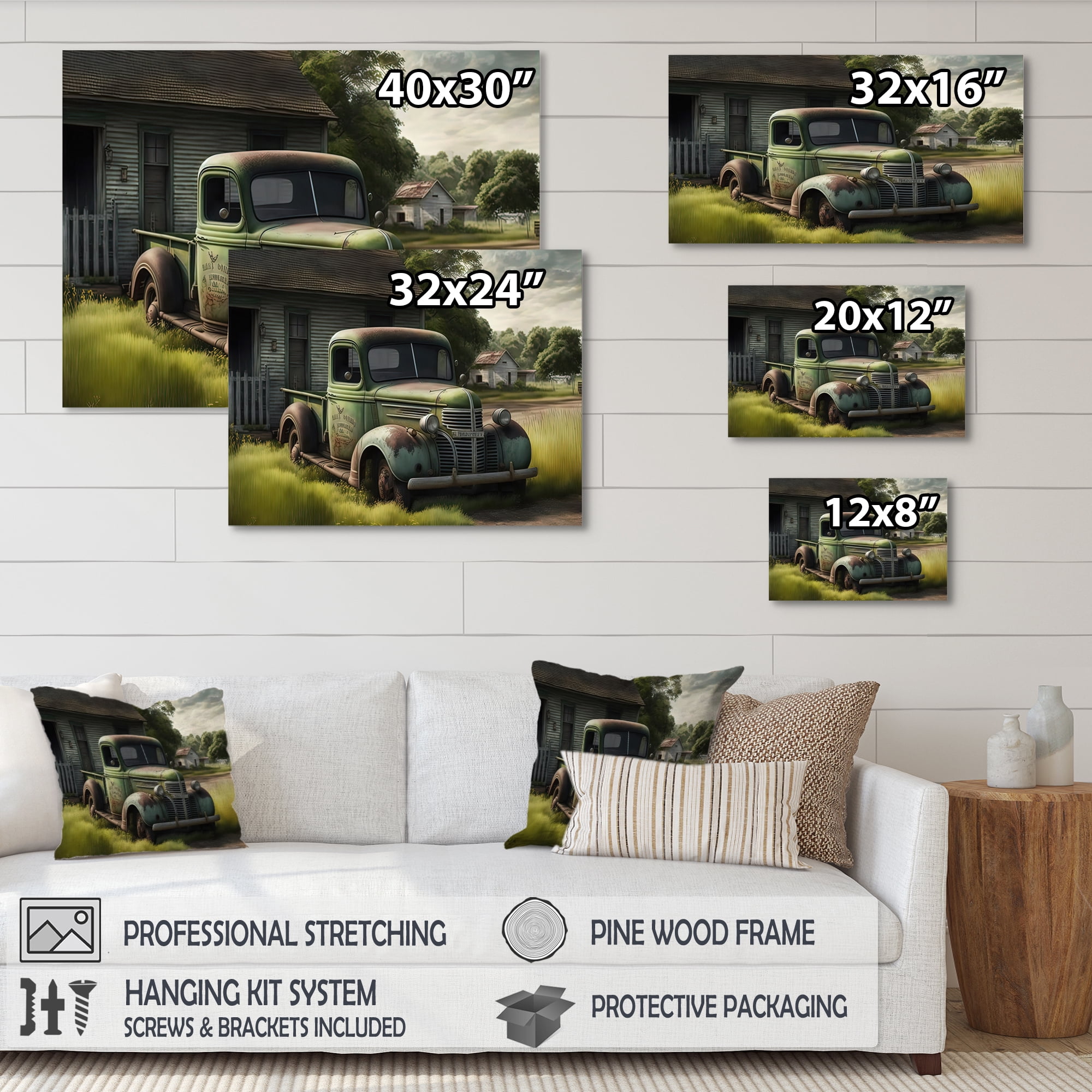 Designart Green Old Truck At The Barn Canvas Wall Art