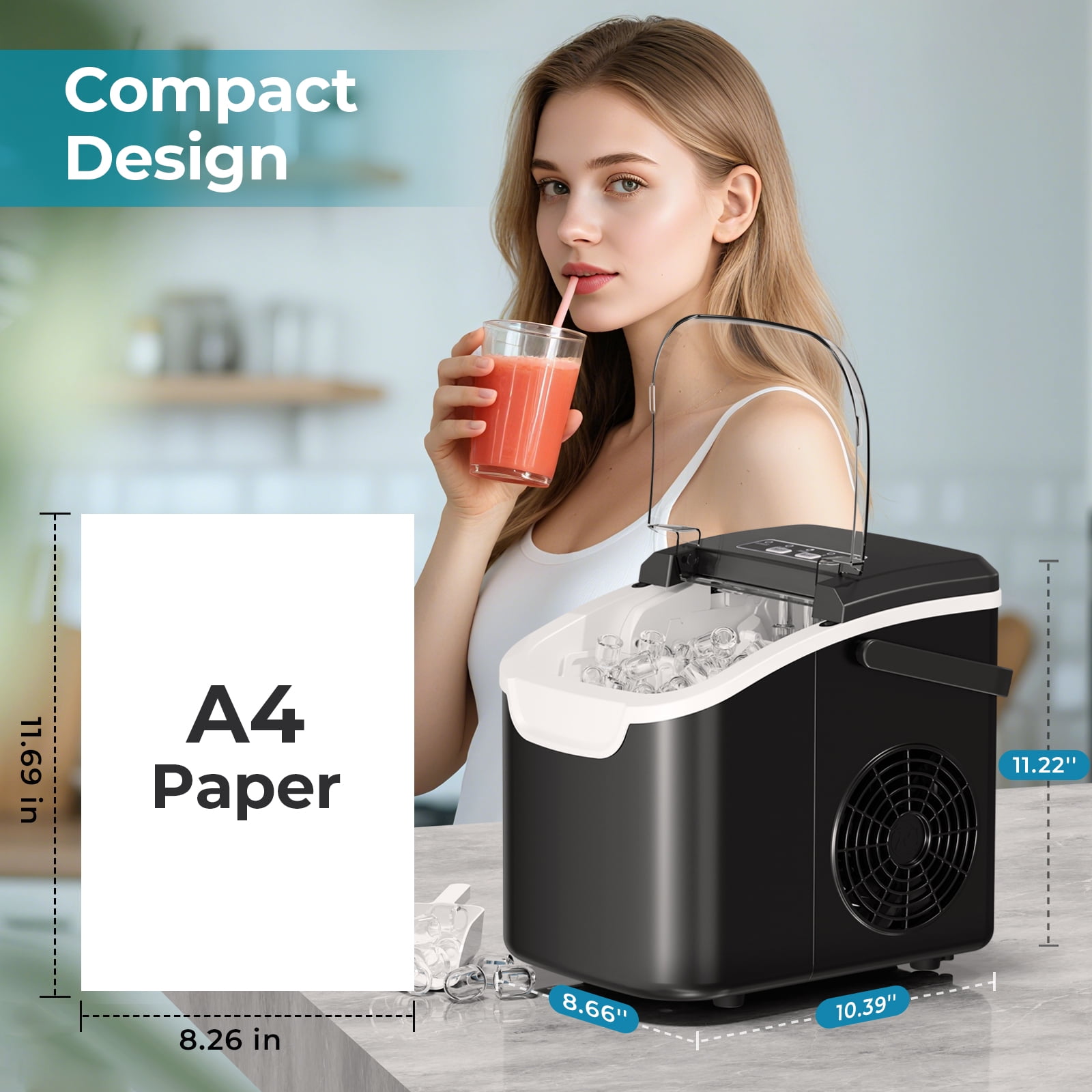 WAA Countertop Ice Maker with LED Display & Timer,26lbs/24H,Self-Cleaning,Portable Handle,Compact for Home/Kitchen(Black)