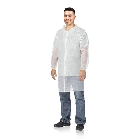 Disposable Lab Coats Pack of 120 White Medium Adult Polypropylene 35 GSM Lab Clothing No Pockets Long Sleeves and Elastic Wrists. Unisex Lightweight Breathable Collar Laboratory Uniform