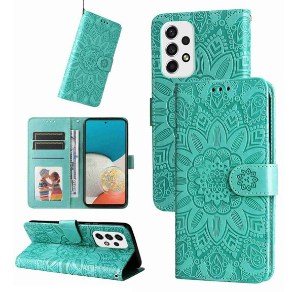 Mantto for Samsung Galaxy A53 5G Wallet Case,[Kickstand][Wrist Strap][Card Holder Slots] Flower Floral Embossed PU Leather Flip Cover for Galaxy A53 5G Case, Green