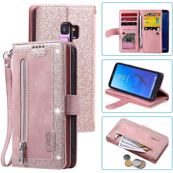 UEEBAI Wallet Case for Samsung Galaxy S8, Retro 9 Card Holder Slots Zipper Pocket Handbag Case PU Leather Magnetic