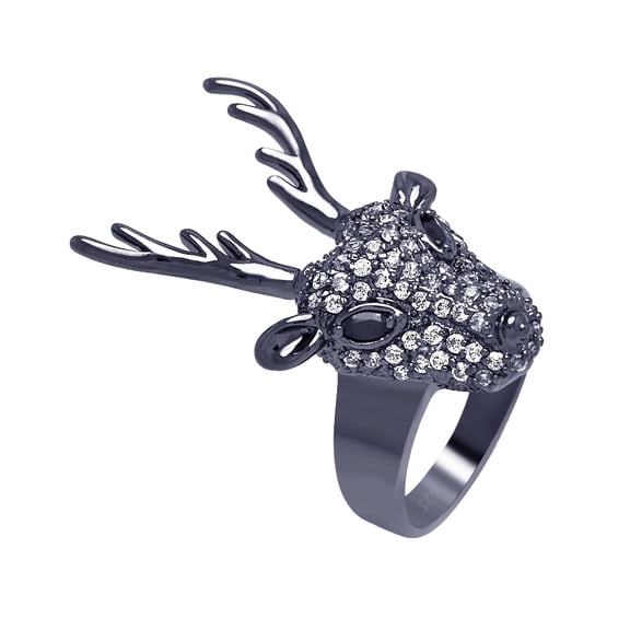 Sterling Silver 925 Black Rhodium Plated Reindeer Head Buck Ring White CZ Jewelry Female Size 6
