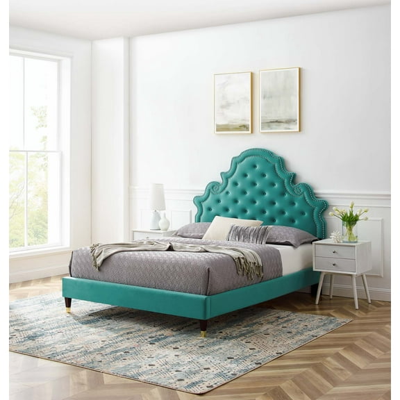 Modway Gwyneth Tufted Performance Velvet Queen Platform Bed in Teal