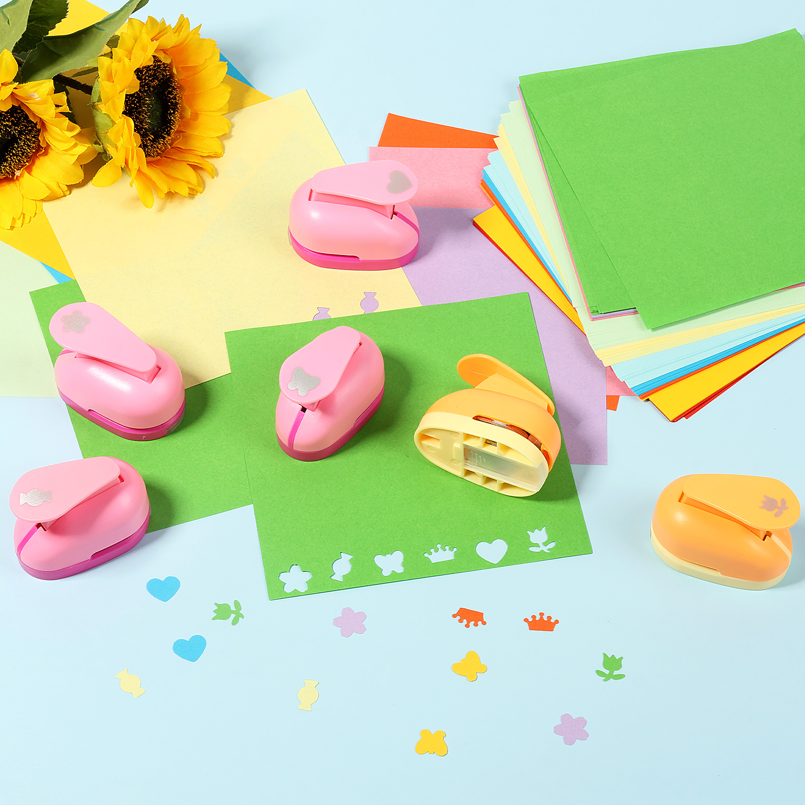 6Pcs Craft Hole Punch with 100 Cardstock Butterfly/Heart/Rose/Candy/Cherry Blossom/Crown Shape Paper Hole Shape Puncher Tool for DIY Craft