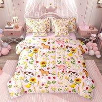Feelyou Kid Cartoon Pig Cow Twin Bedding Sets 7-Piece, Farm Animal Bedding Comforter Set
