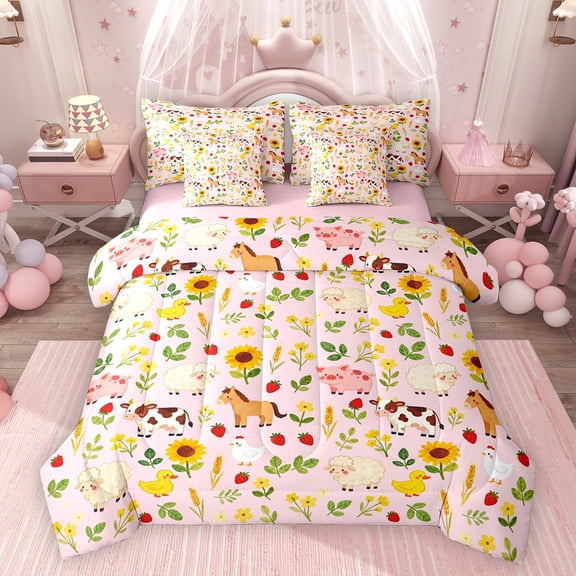 Feelyou Kid Cartoon Pig Cow Twin Bedding Sets 7-Piece, Farm Animal Bedding Comforter Set