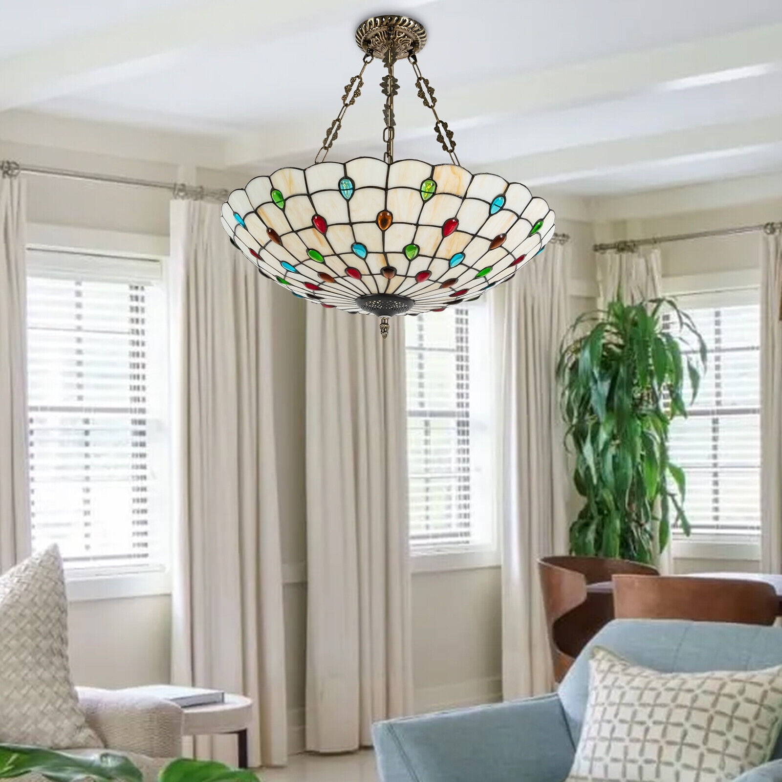 TFCFL Tiffany Style Hanging Pendant Lamp Stained Glass Chandelier Domed Peacock Tail Ceiling Light Fixture E26