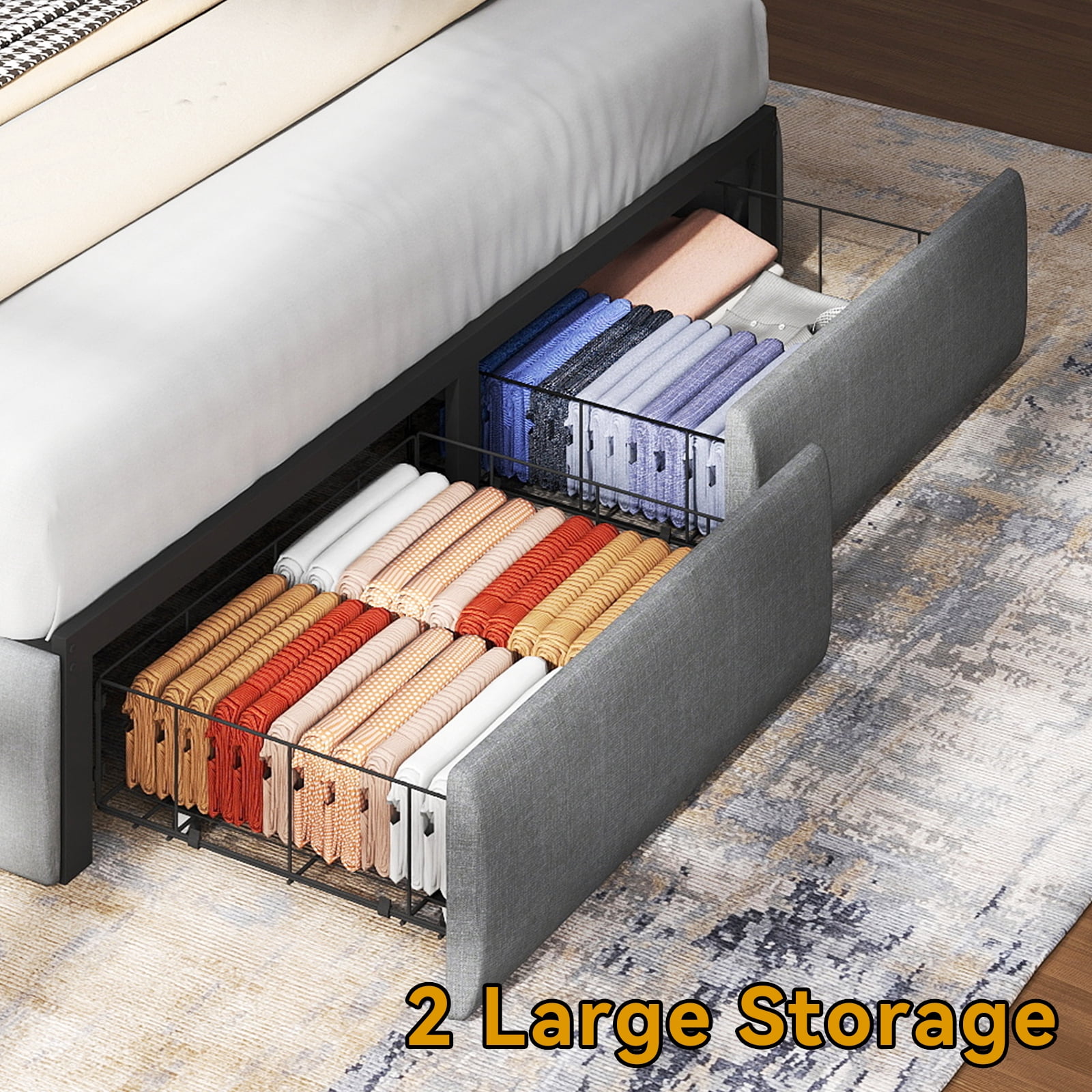 Mintazer Queen Size Tufted Upholstered Storage Bed Frame with LED Light & Charging Station, Platform Bed Frame with 2 Foot Drawers, No Box Spring Required, Grey
