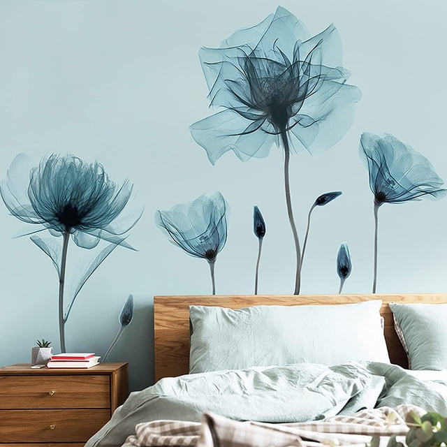 Pegatinas de pared de flores azules Peel and Stick Calcomanías de pared Calcomanía extraíble Stick DIY Wall Art Murals Decoración de pared para dormitorio Sala de estar Aula Oficina Decoración de par JAMW Sencillez