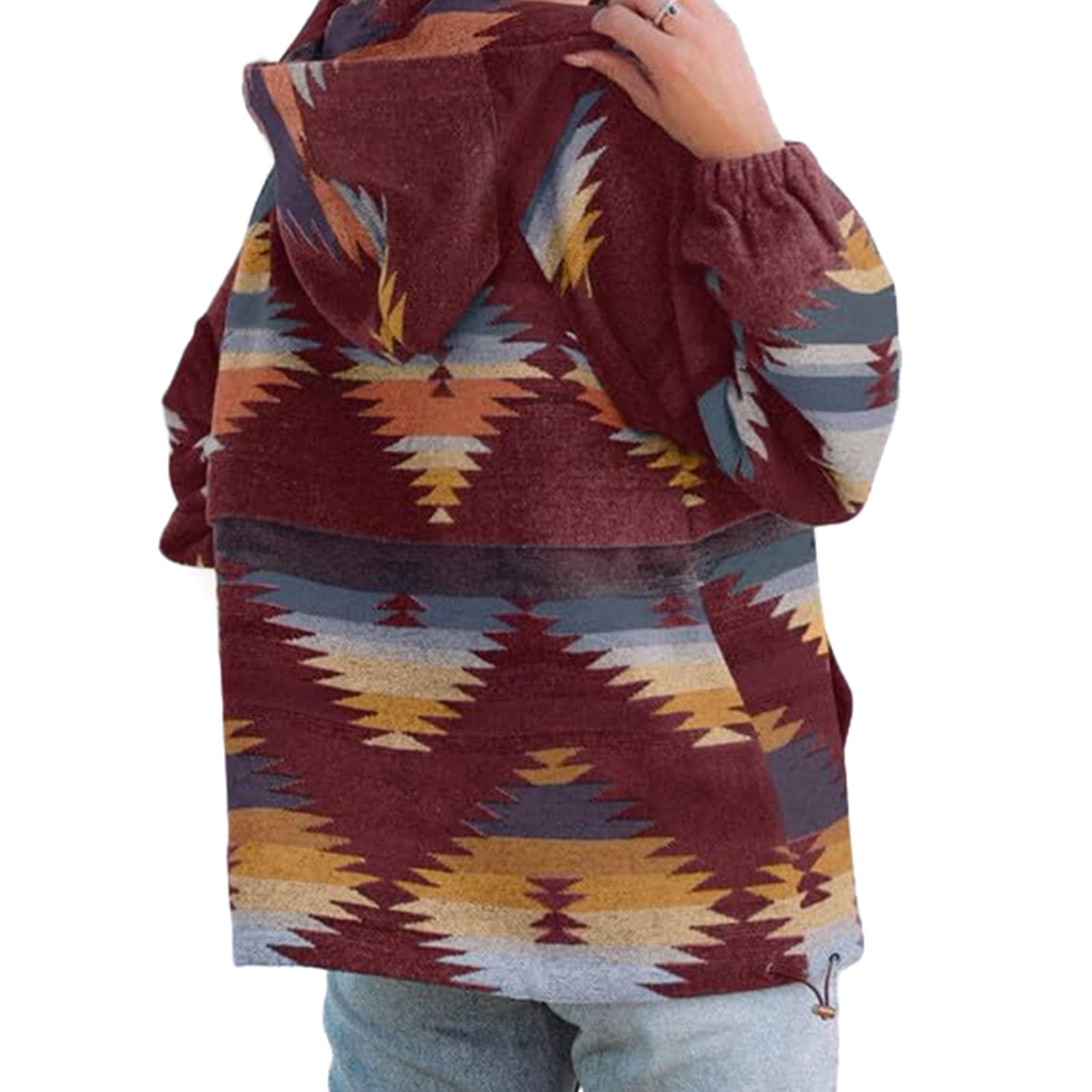 Long Sleeved Womens Aztec Half Zip Up Hoodies Sweatshirt Casual Oversized Ethnic Tribal Hooded Pullover Shirt Top