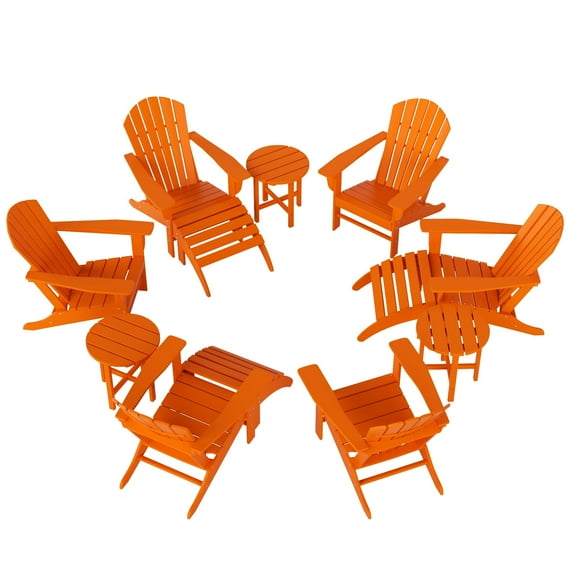 WestinTrends Dylan 12 Pieces Adirondack Chairs Set, All Weather Poly Lumber Outdoor Seating Patio Conversation Set, Seashell Curved Slat Backrest Garden Lawn Deck Fire Pit Chairs, Orange