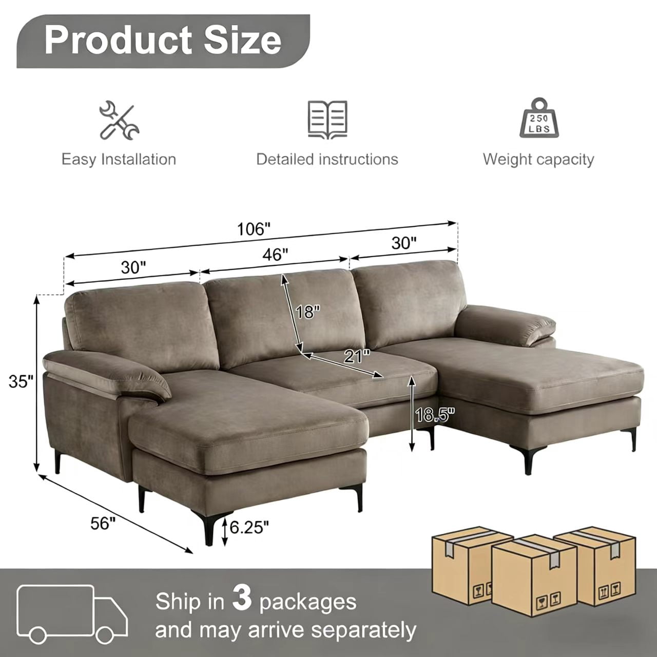 Howcool 106" U-Shaped Sectional Sofa, 4 Seat Modular Couch with Double Chaise, Polyester Blend Upholstered Modern Living Room Furniture with Metal Legs, Khaki(Thick Sponge)