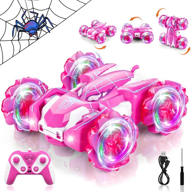 Spider - Coche de Control Remoto, Doble Cara Giratoria de 360° 4WD Todoterreno RC Acrobacias con Luces Frías, 2.4Ghz para Interiores y Exteriores Juguetes Recargables para Niños 4-6, 6-12 (Rosa)