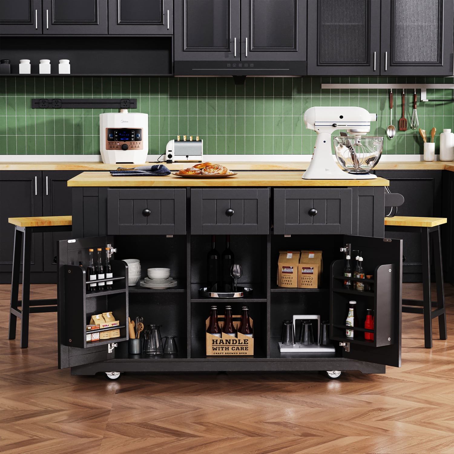 Harper & Bright Designs Large Kitchen Island with 2 Bar Stools and Power Outlet, Kitchen Storage Cart on 5 Wheels with Drop Leaf and Door Internal Storage Rack & 3 Drawers, Black