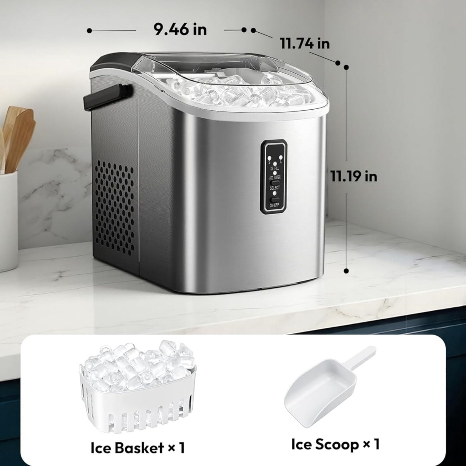 Ice Maker Countertop, 9 Cubes Ready in 6 Mins, 26lbs/24H, Self-Cleaning, Portable Ice Maker Machine with Carry Handle, Basket and Scoop, for Home, Kitchen, Office