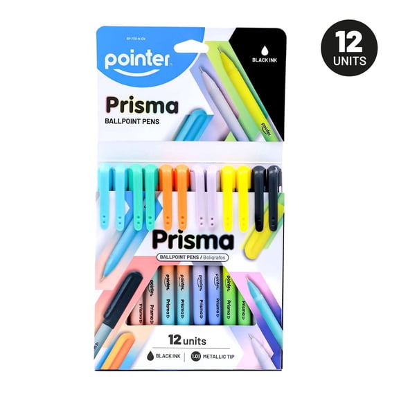 Pointer Prisma Ballpoint Pens with Metallic Tip, Black Ink, 1.0mm , 12 Count