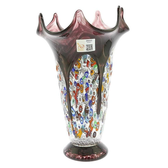 GlassOfVenice Murano Glass Millefiori Fazzoletto Vase - Silver Purple