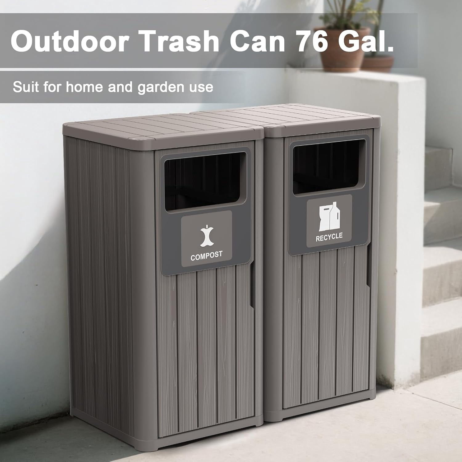 Outdoor Two Barrel Trash Can – Waterproof Resin Garbage Bin with Recycling Labels – Fits 30-39 Gallon Trash Bags, Durable Waste Bin for Porch, Backyard & Kitchen(33.07 * 16.54 * 35.43)