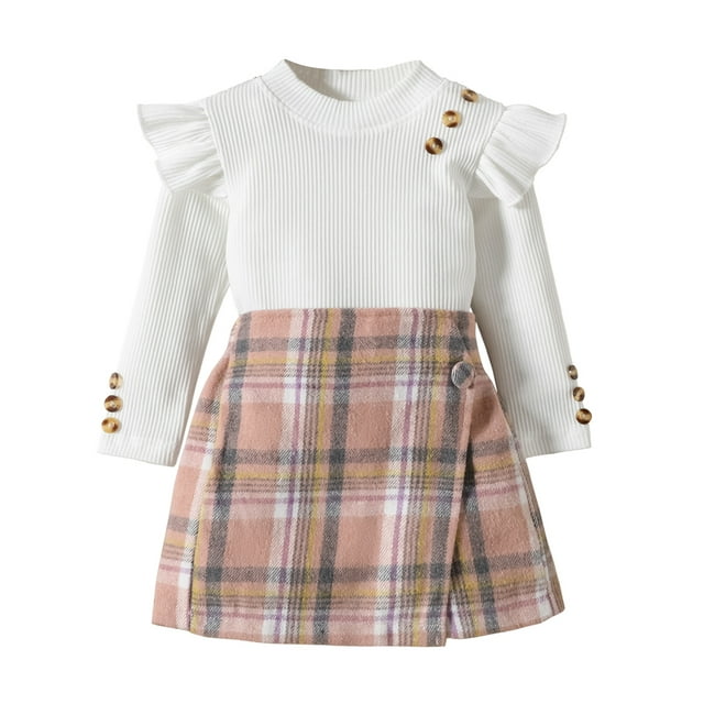 Fortune 1-6Y Kid Girls Clothes Sets 2pcs Ruffles Long Sleeve Pullover Ribbed Tops Plaid Printed Shorts