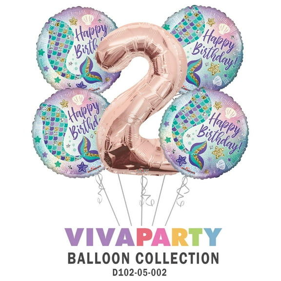 Happy Birthday Mermaid Round Balloon Bouquet 5 pc, 2nd Birthday, Rose Gold Number 2 Jumbo Balloon | Viva Party Balloon Collection