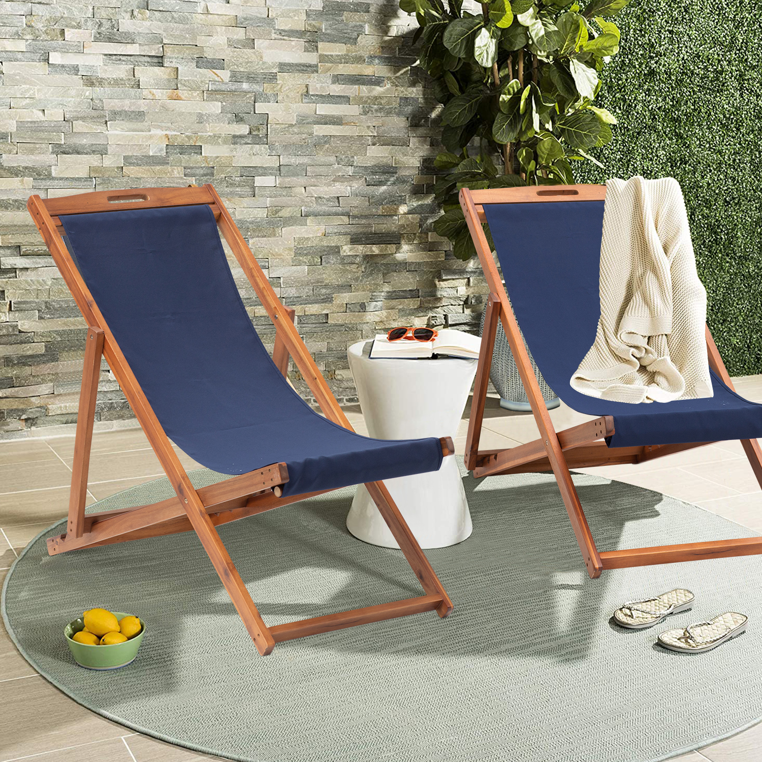 Beach Sling Chair Set of 2,  Adjustable Reclining Beach Chair  Outdoor Foldable Lounge Chairs for Garden, Backyard, Poolside, Balcony (Blue) - image 5 of 7