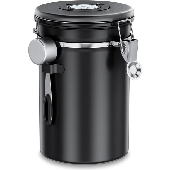 Lufttät kaffeburk 1 kg - kaffebönbehållare i rostfritt stål med CO2-ventil - med mätsked (2,8 L svart) - Perfet