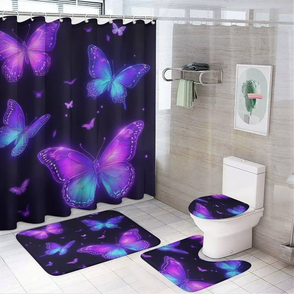Dreamy Purple Butterfly Pattern (28)-1 Shower Curtain Waterproof Bathroom Curtain Set with Hooks Home Decor Bathroom Curtains 4pcs