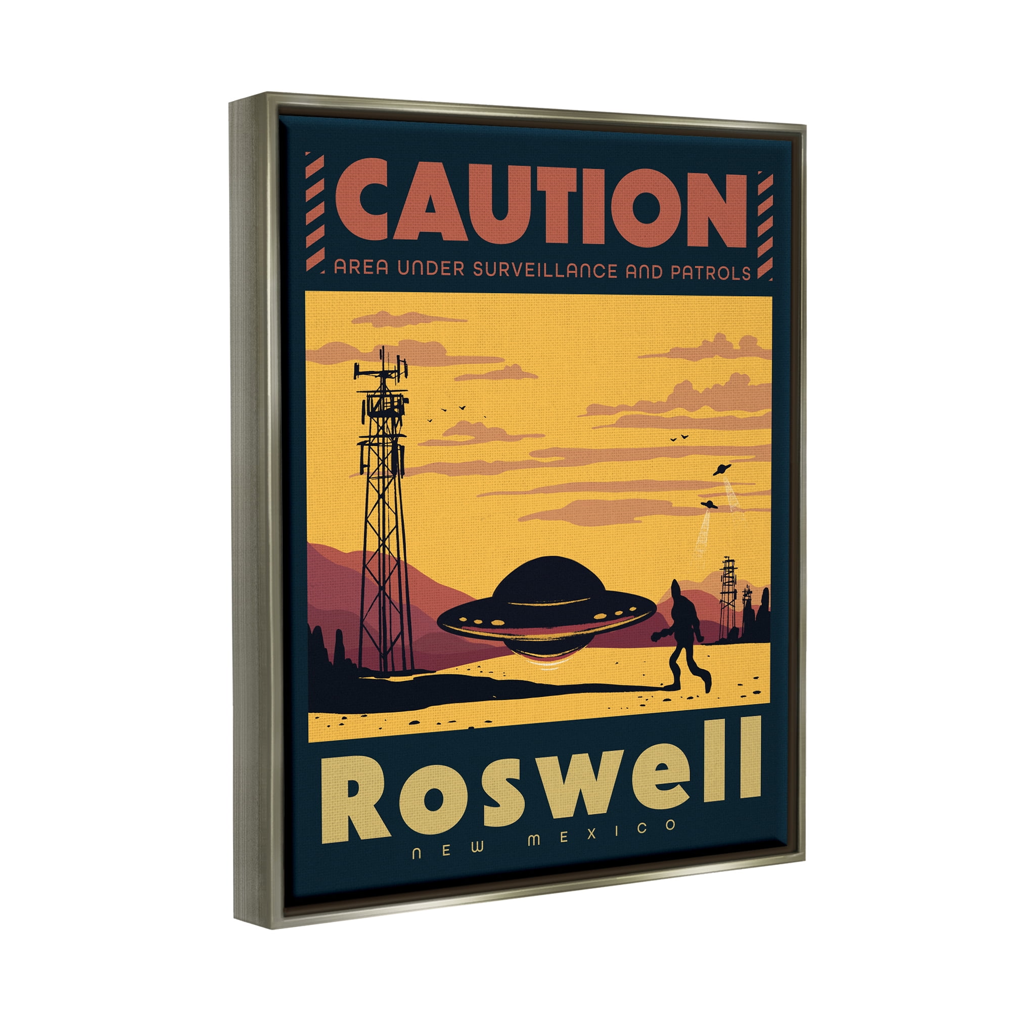 Stupell Industries Caution Roswell New Mexico UFO Travel & Places Painting Gray Floater Framed Art Print Wall Art