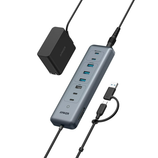 Anker USB-C Hub,11-in-1 10Gbps Data Hub with 4 USB-A and 4 USB-C Ports, 100W USB-C PD-IN, Card Reader, 2-in-1 USB Connector, For USB-A and USB-C Laptop, MacBook, iPad an