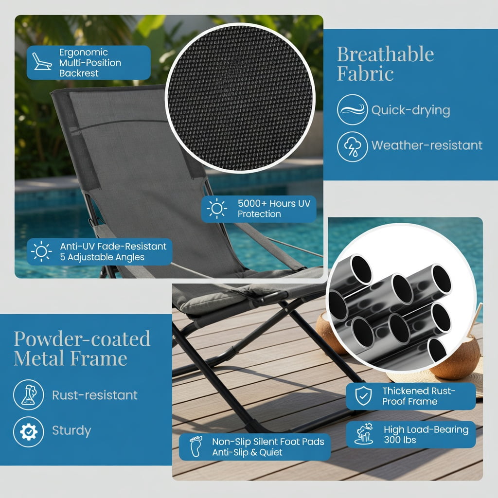 Hommoo Folding Sling Patio Chair with Ottoman Footrest & Removable Cushion, Weather-Resistant Outdoor Lounge Set for Backyard, Balcony, Poolside, Gray