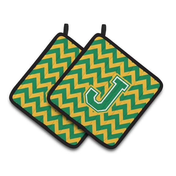 Caroline's Treasures CJ1059-JPTHD Letter J Chevron Green and Gold Pair of Pot Holders, 7.5HX7.5W, multicolor