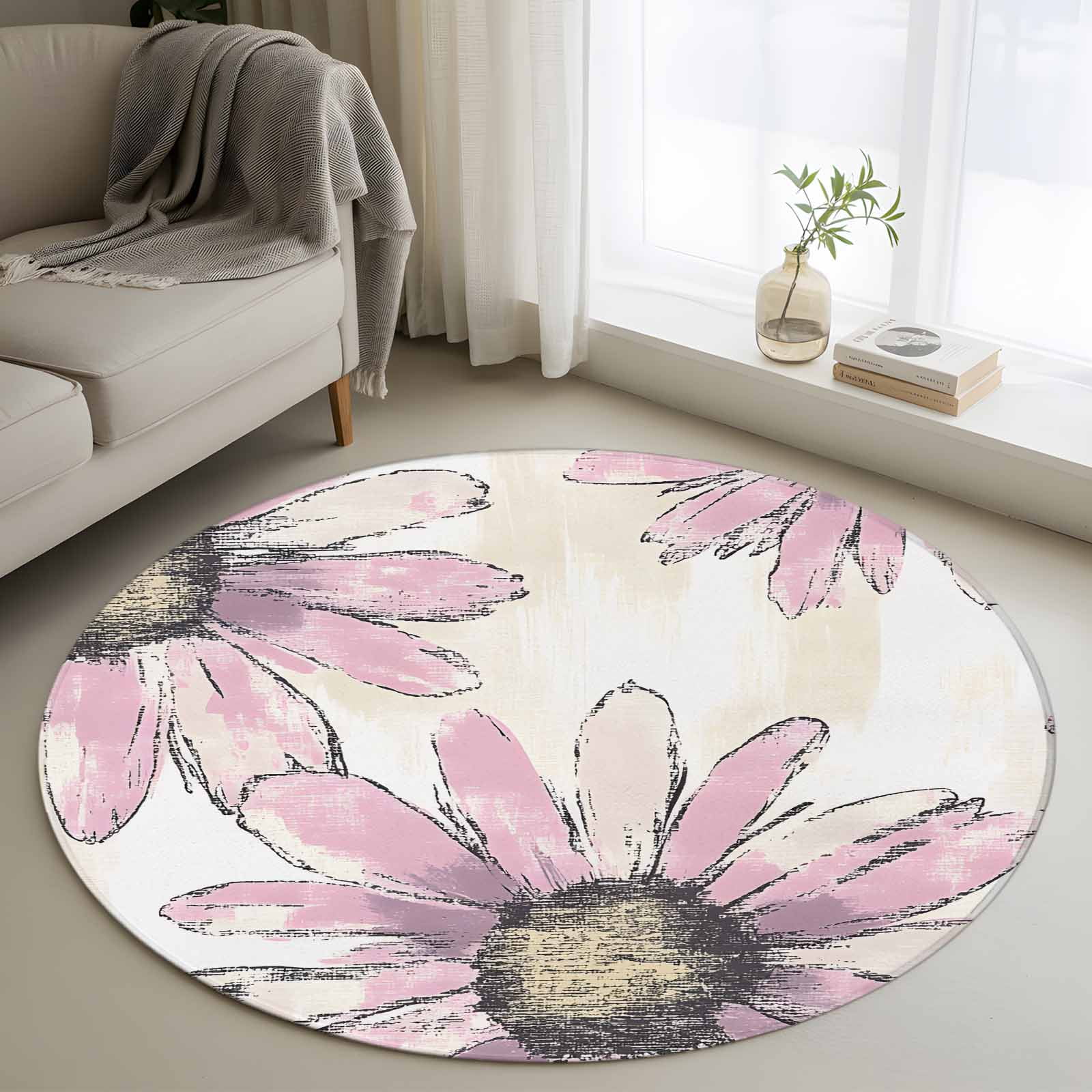 Pink Floral Round Rugs for Living Room 3ft Vintage Flowers Non Slip Circle Rug Washable Low-Profile Indoor Carpet for Bedroom Dining Room Bathroom