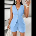 thumbnail image 4 of Conjuntos de Verano de 2 Piezas para Mujer, Sin Mangas, con Cuello en V, Abotonado, Chaleco y Pantalones Cortos con Bolsillos. Azul S, 4 of 10