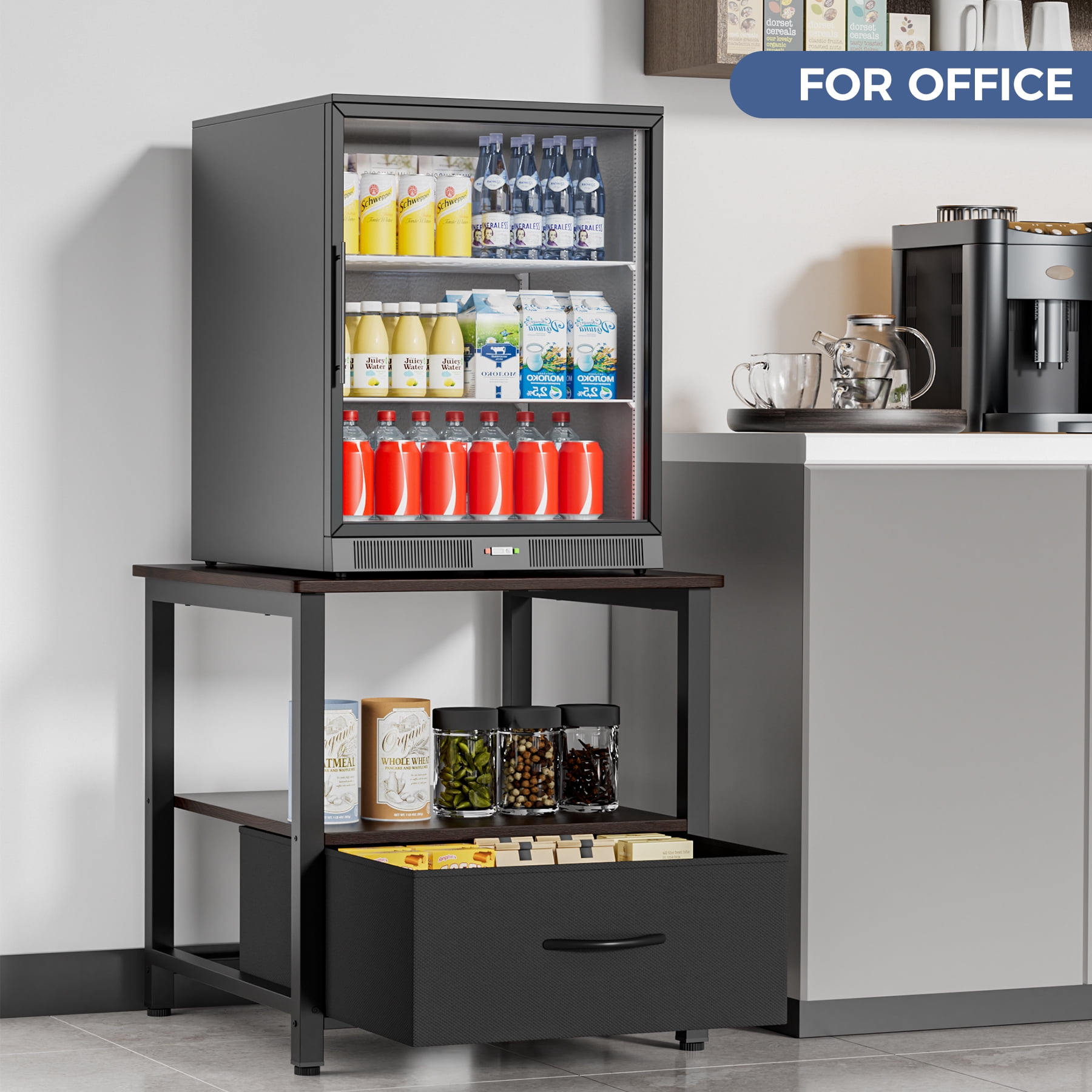 Mini Fridge Stand with Storage, Heavy Duty Mini Fridge Cabinet with Fabric Drawer, Wood Beverage Refrigerator Stand Table for Dorm, Office, Bedroom, Load 220LBS, Black Walnut