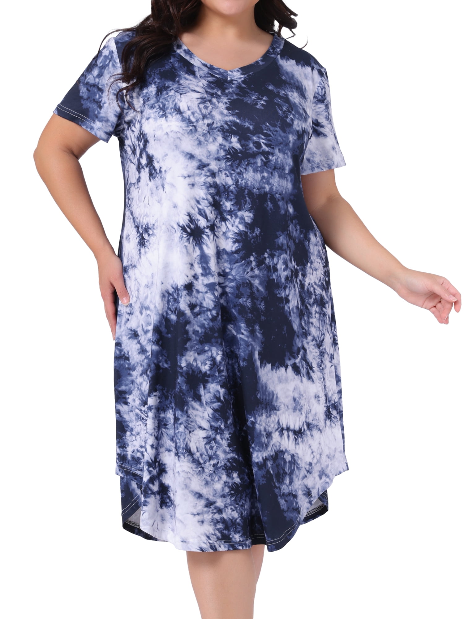 DARING DIVA Women's Plus V Neck Soft Tie Dye Short Sleeve Nightgown 3X Dark Blue
