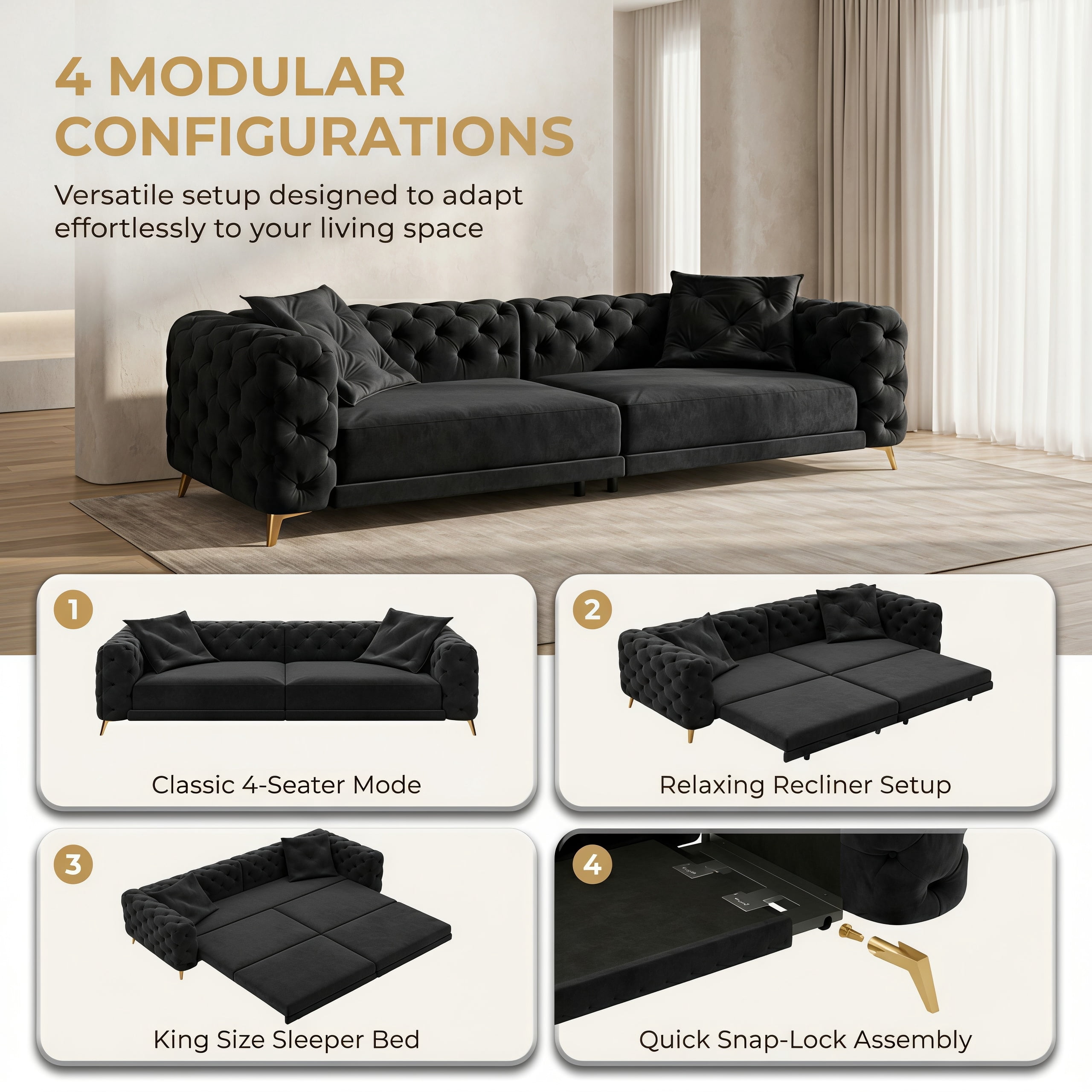 3-in-1 Velvet Sleeper Sofa Bed, 97.7" Modern Button Tufted Convertible Pull Out Couch with Gold Metal Legs & Deep Seat for Living Room, Balck