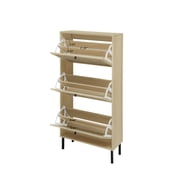 Hassch Rattan Shoe Cabinet for Entryway, Hidden Shoes Storage Cabinet, Boho Narrow Shoe Organizer with 3 Flip Drawers, Freestanding Wood Shoe Cabinet with Metal Legs for Foyer, Hallway (Natural)