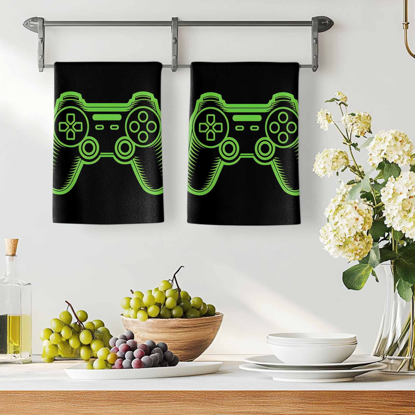 Green Game Controller Kitchen Towels Set of 4, Modern Art Gaming Handheld Black Soft Microfiber Dish Towels, Absorbent Quick-Dry Washable Dishcloths for Kitchen Cleaning, Drying Dishes, 18x28 Inches