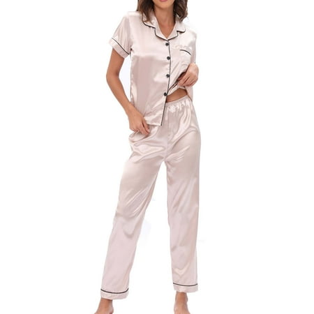 

gakvov Plus Size Satin Pajamas For Women 2-Piece Nightwear Short Sleeve Sleepwear Button Down Pj Lounge Sets With Long Pants