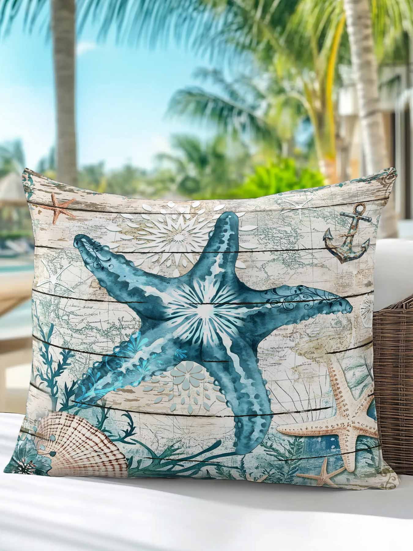 Outdoor Pillows Waterproof, Teal Starfish Coastal Bedding Throw Pillows with Insert for Couch Sofa Bed, Summer Beach Nautical Retro 16x16 Inch Pillowcases Decorative Camping Patio Pillow Set of 1