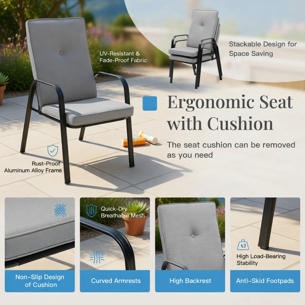 Hommoo 4-Pack Stackable Outdoor Dining Chairs with High-Back Cushions, Heavy-Duty Steel Frame, Rust-Resistant Powder-Coated Finish, Indoor/Outdoor Use, Gray