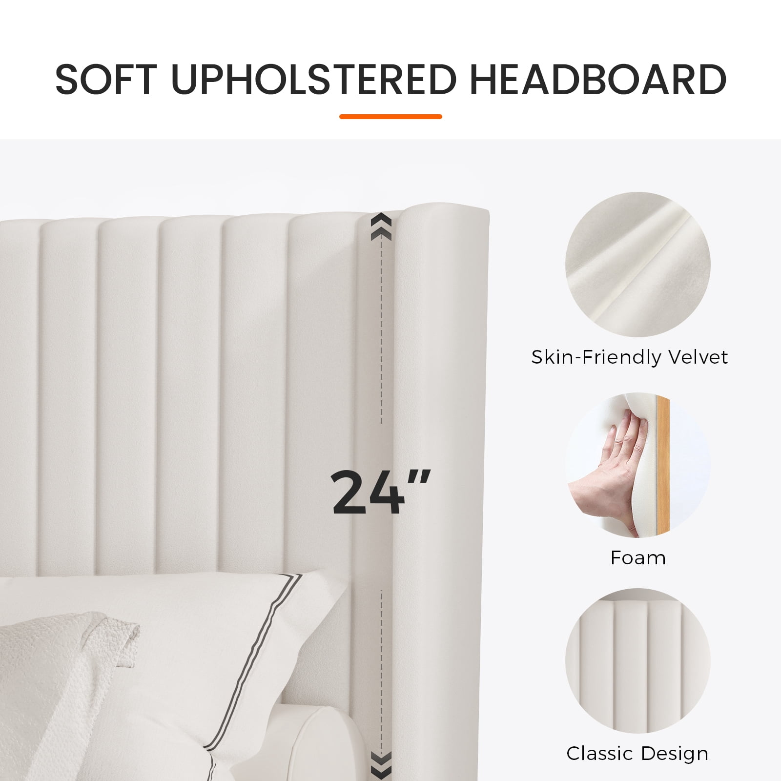 Sofanext Queen Wingback Platform Bed Frame, Tall Velvet Upholstered Headboard, Wood Slat Support, No Box Spring, Noise-Free, Cream White