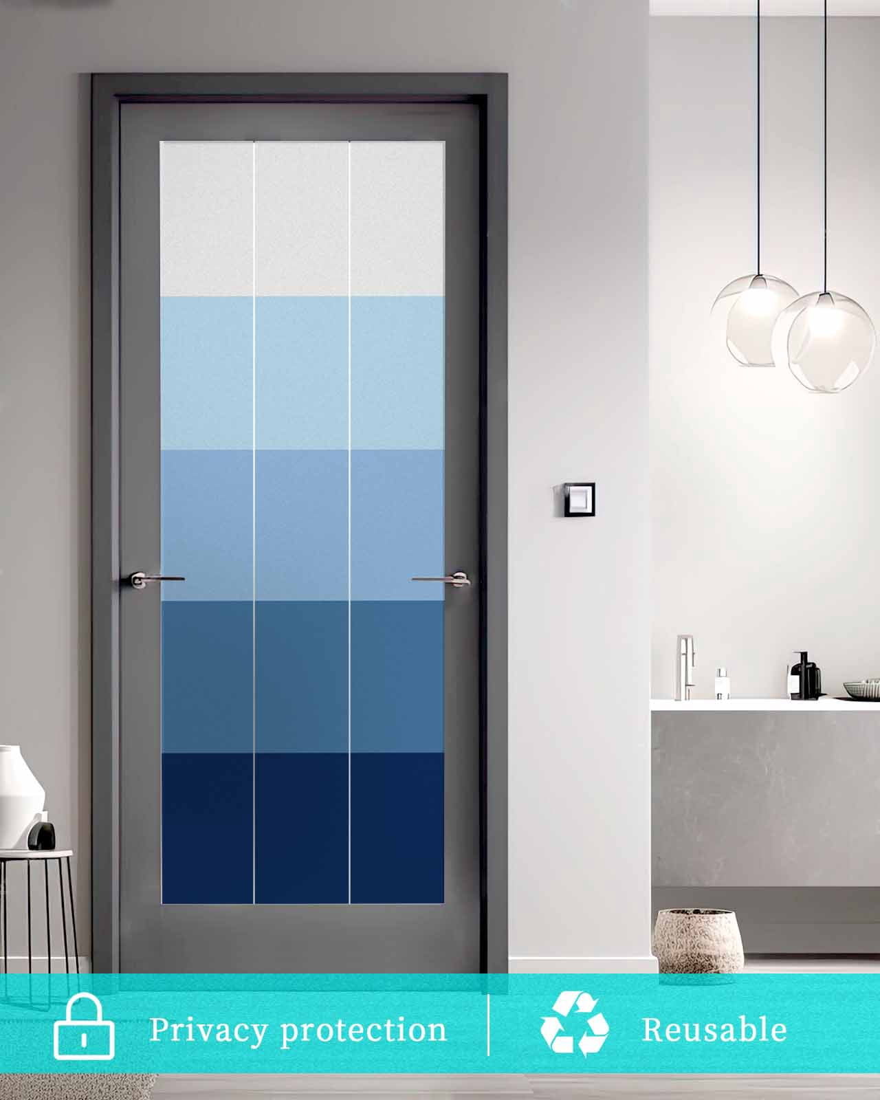 Window Privacy Film, Ombre Blue Grey UV Sun Blocking Window Tint Film Heat Control One Way Blackout Window Film, Simple Modern Farmhouse Stripes Non Adhesive Static Cling Window Sticker 35.4x78.7 In